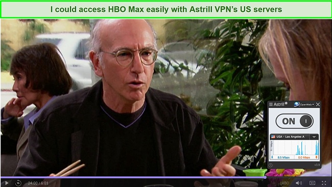 Screenshot of Astrill VPN unblocking Curb Your Enthusiasm on HBO Max