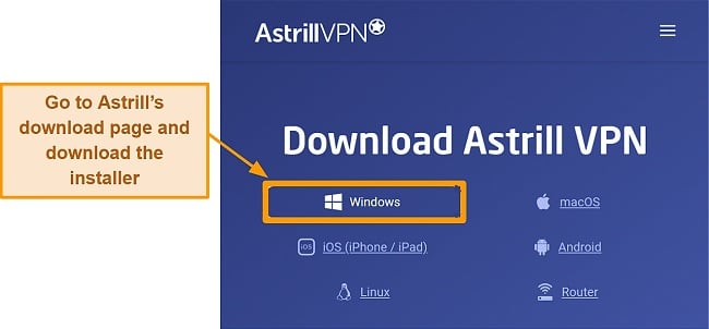 Screenshot of Astrill VPN download page