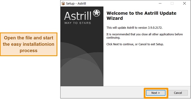 Screenshot of Astrill install screen on Windows
