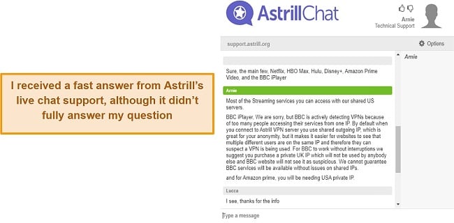 Screenshot of Astrill's live chat support