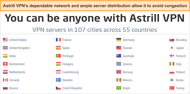 Screenshot of Astrill VPN's global server network