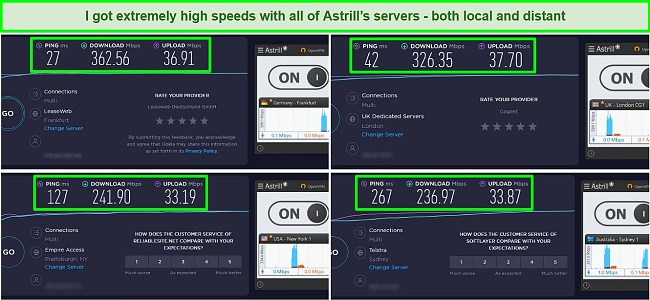 Screenshot of 4 speed tests with Astrill's Frankfurt, London, New York, and Sydney Servers