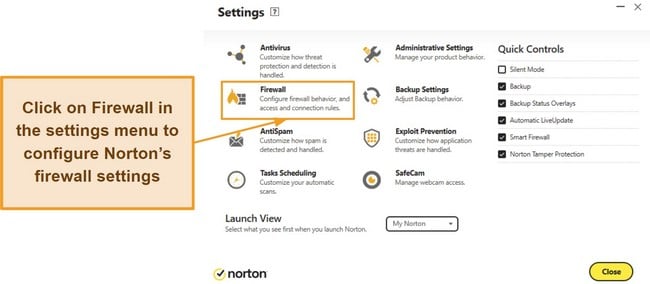 Screenshot showing how to access Norton's firewall settings