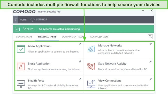 Screenshot showing Comodo firewall's various protection features