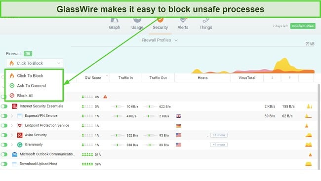 Screenshot showing how to block processes in GlassWire