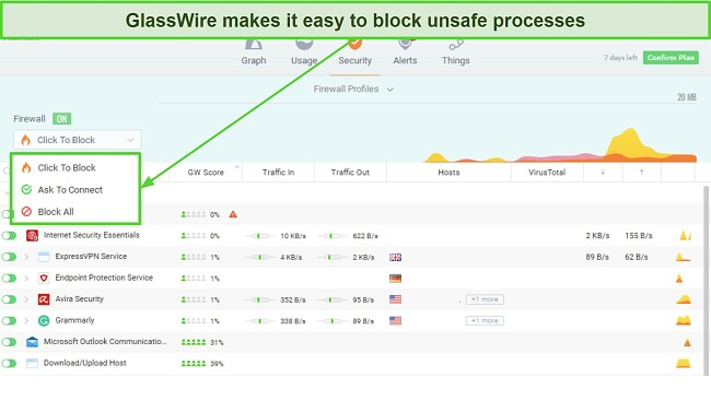 Screenshot showing how to block processes in GlassWire