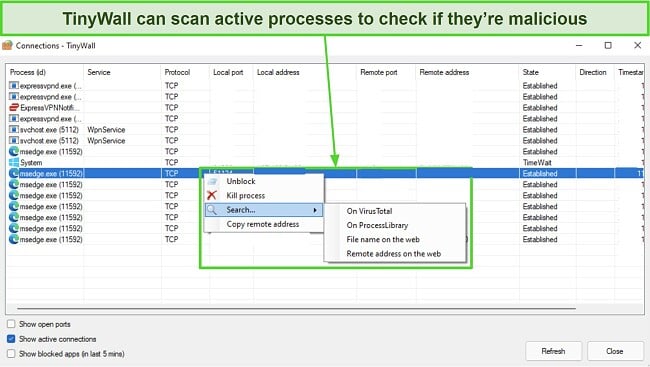 Screenshot showing how you can use TinyWall to scan active processes