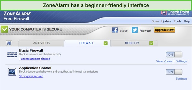 Screenshot of ZoneAlarm firewall's interface
