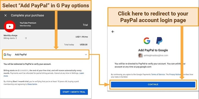 Screenshot of YouTube Premium Google Pay PayPal option free trial offer (US)