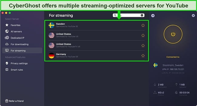 Screenshot of CyberGhost's streaming-optimized servers for YouTube