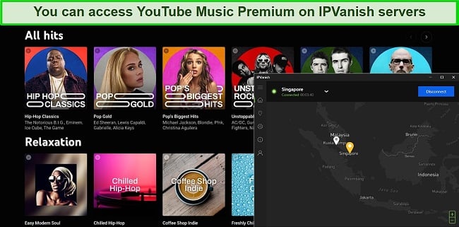 Screenshot showing YouTube Music Premium's main menu while IPVanish is connected to a server in Singapore