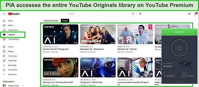 Screenshot showing the YouTube Originals library on YouTube Premium while PIA is connected to a UK server