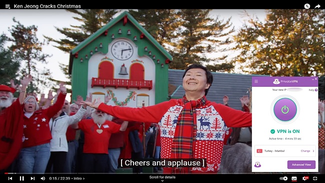 Screenshot showing Ken Jeong Cracks Christmas streaming on YouTube Premium while PrivateVPN is connected to a Turkish server