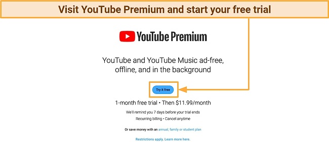 Screenshot of YouTube Premium official website free trial offer (US)
