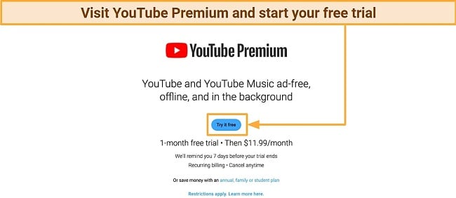 Screenshot of YouTube Premium official website free trial offer (US)