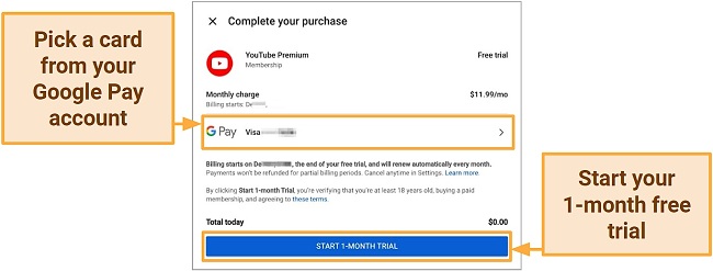 Screenshot of YouTube Premium Google Pay credit card option free trial offer (US)