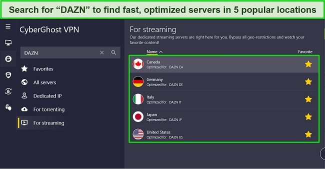 Screenshot of CyberGhost's Windows app highlighting the 5 DAZN optimized server locations