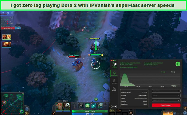 Screenshot of a game of Dota 2 while IPVanish is connected