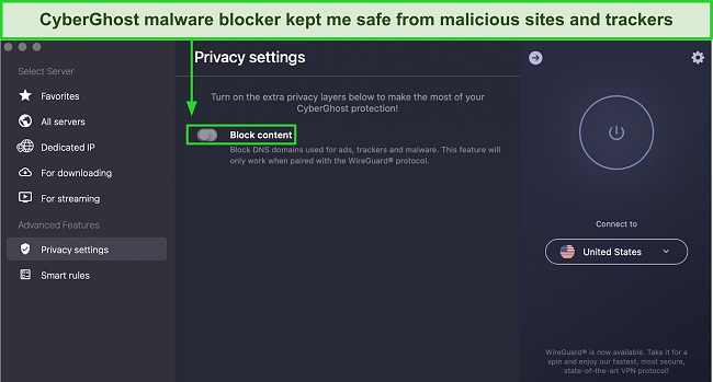Screenshot of CyberGhost's ad, tracker, and malware blocker under its 