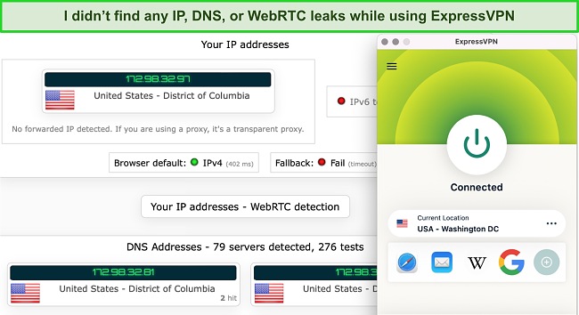 Screenshot of ExpressVPN's leak test results on ipleak.net