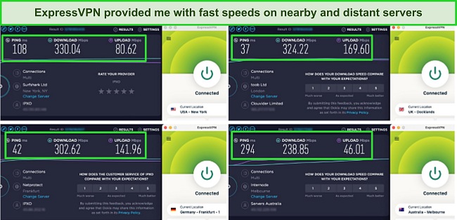 Screenshot of ExpressVPN's speed test results on US, UK, Germany, and Australia servers