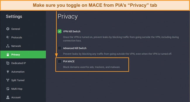 Screenshot of PIA's MACE ad blocker under the 