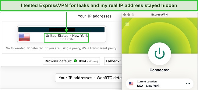 Screenshot of ExpressVPN passing DNS leak test