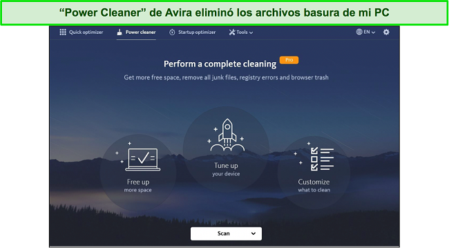 Captura de pantalla del panel de la herramienta Power Cleaner de Avira