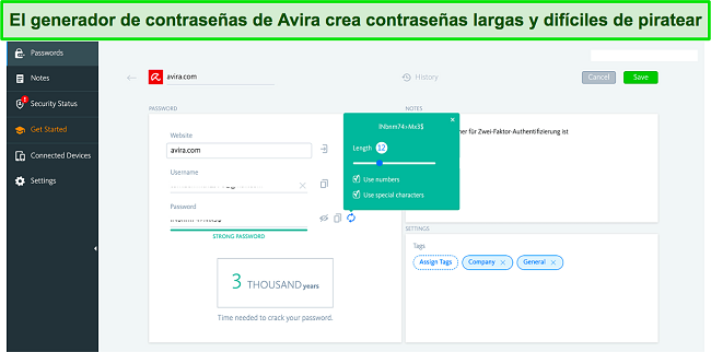 Captura de pantalla del administrador de contraseñas de Avira generando una contraseña segura