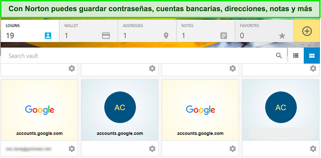 Captura de pantalla del panel del administrador de contraseñas de Norton