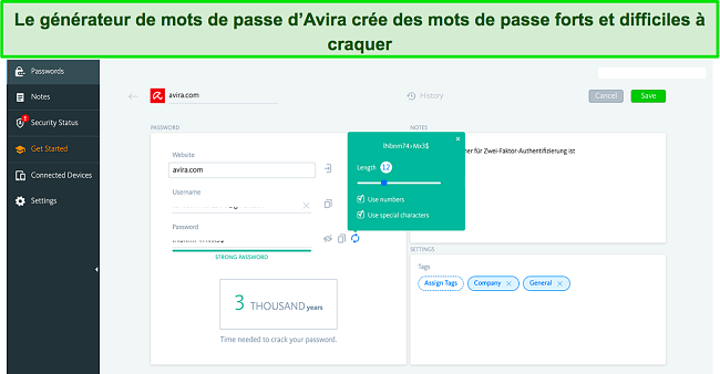 Capture d'écran du gestionnaire de mots de passe d'Avira générant un mot de passe fort