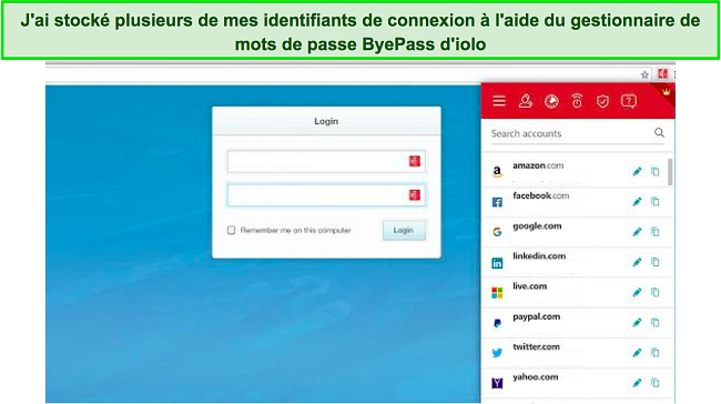 Capture d'écran de l'extension de navigateur Chrome d'IOLO montrant une liste de mots de passe enregistrés
