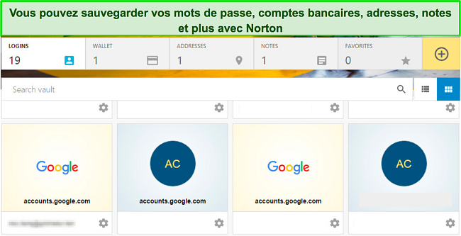 Capture d'écran du tableau de bord du gestionnaire de mots de passe de Norton