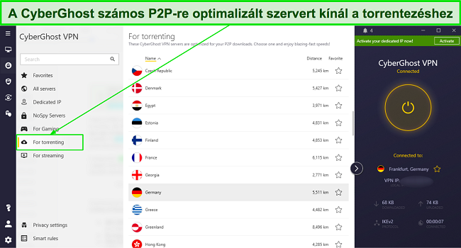 Képernyőkép a CyberGhost P2P-re optimalizált szerverlistájáról