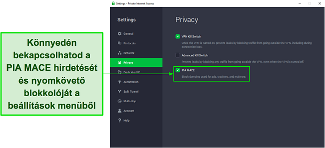 Képernyőkép, amely bemutatja, hogyan lehet bekapcsolni a PIA MACE funkcióját a beállítások menüből