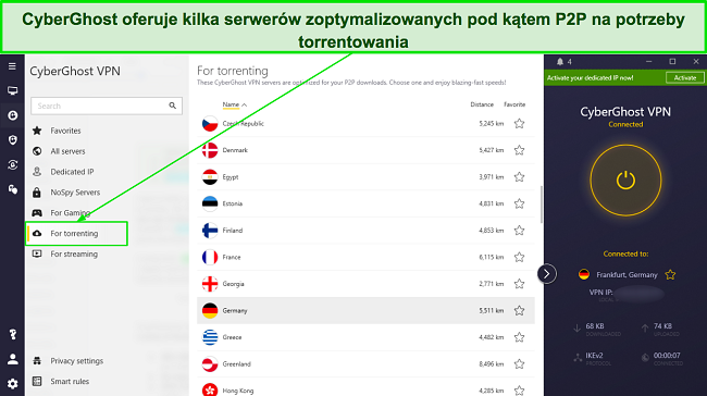 Zrzut ekranu listy serwerów zoptymalizowanych pod kątem P2P firmy CyberGhost