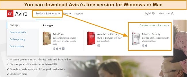Screenshot of Avira's free download button