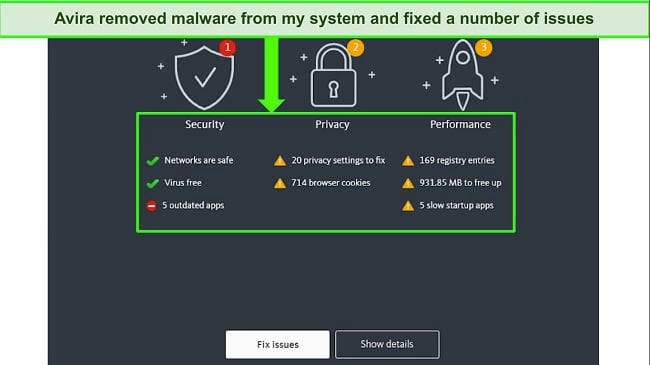 Screenshot of Avira virus scanner results page