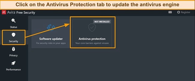 Screenshot showing how to update the Avira anti-malware engine