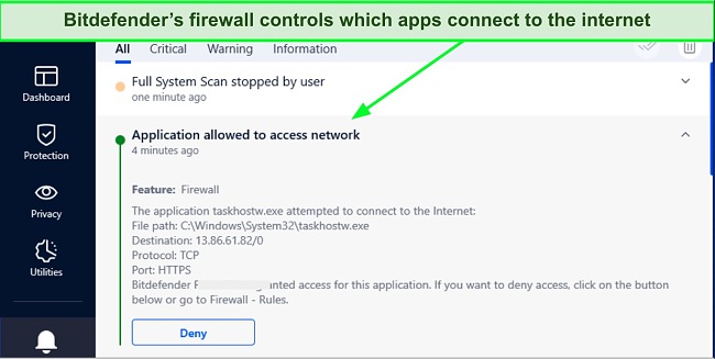Screenshot of Bitdefender's firewall