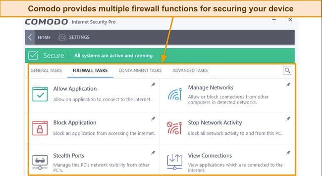 Screenshot of Comodo firewall tasks tab