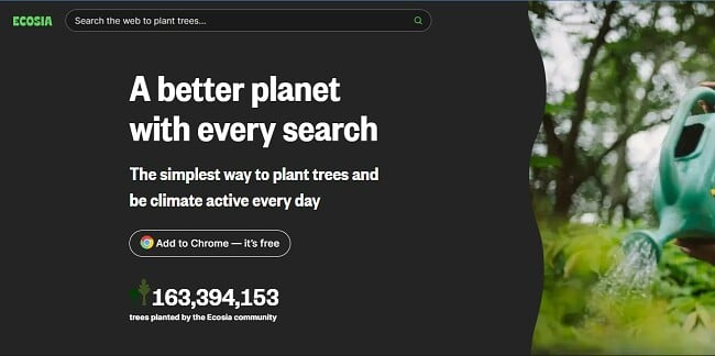 Capture d'écran du moteur de recherche privé Ecosia