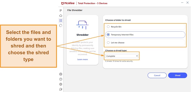 Specifying shredding options in the McAfee File Shredder