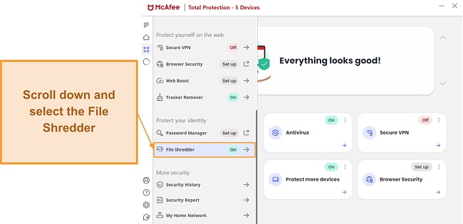 Opening the File Shredder in McAfee's app