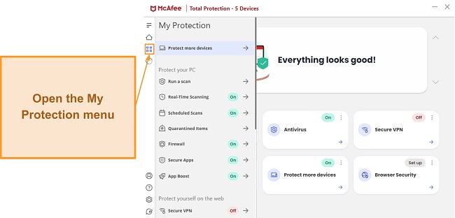 My Protection menu in McAfee's Windows app