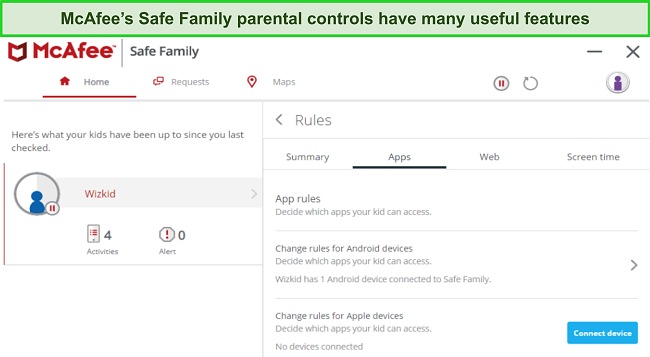 Screenshot of McAfee's Safe Family parental controls