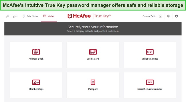 Screenshot of McAfee's True Key password manager