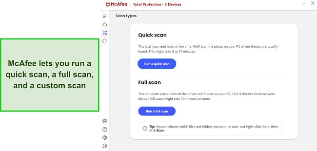 Screenshot of McAfee's various scan options