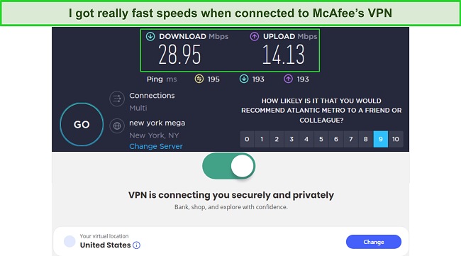 Speed test results when connected to McAfee's US server