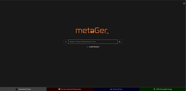 Skärmdump av MetaGers privata sökmotor